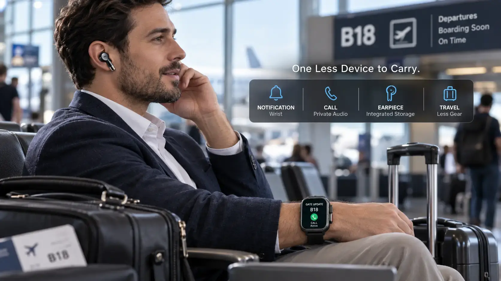 Business traveler using a detachable earpiece from a 2-in-1 smartwatch for a private airport call. Business traveler using a detachable earpiece from a 2-in-1 smartwatch for a private airport call.