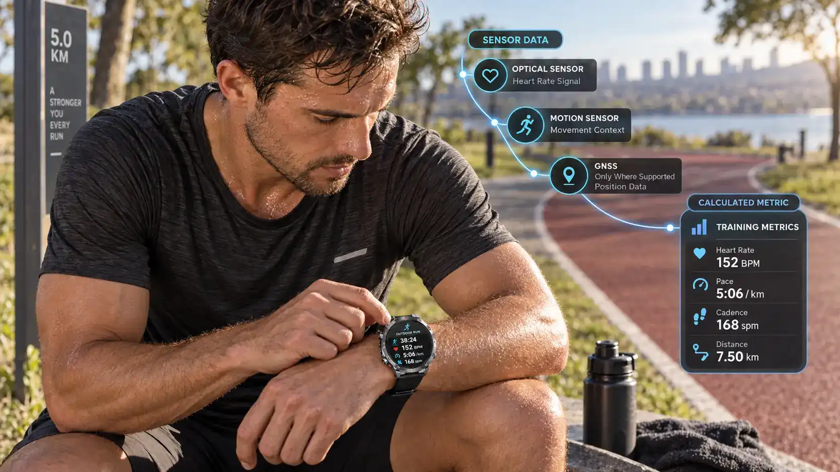 Runner reviewing heart rate, pace, and cadence data on a sports smartwatch after training. Runner reviewing heart rate, pace, and cadence data on a sports smartwatch after training.