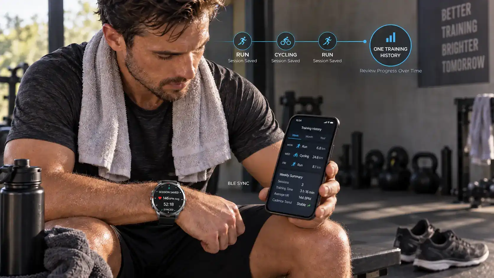 Athlete reviewing synced multi-sport training history from a smartwatch on a smartphone. Athlete reviewing synced multi-sport training history from a smartwatch on a smartphone.