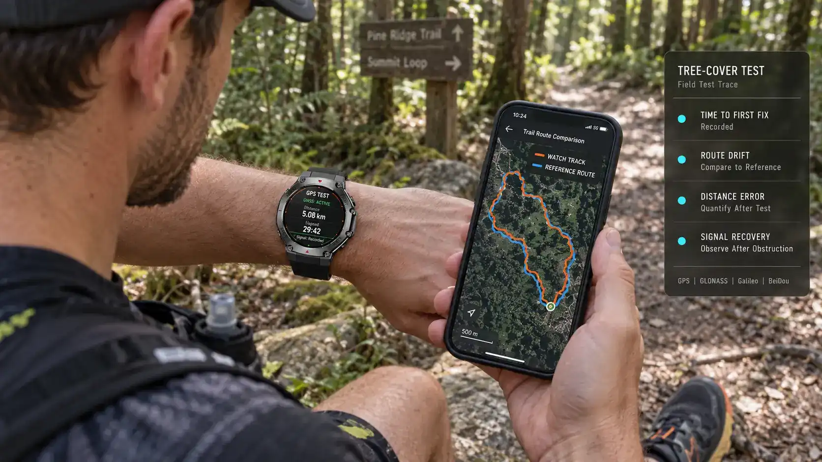 Tester comparing smartwatch GPS tracking with a reference route on a forest trail.