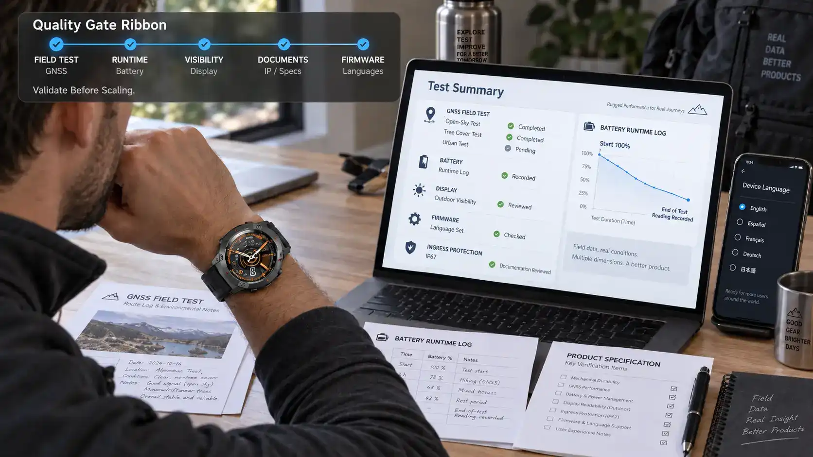 Engineer reviewing GPS, battery, display and firmware test results for a sports smartwatch.