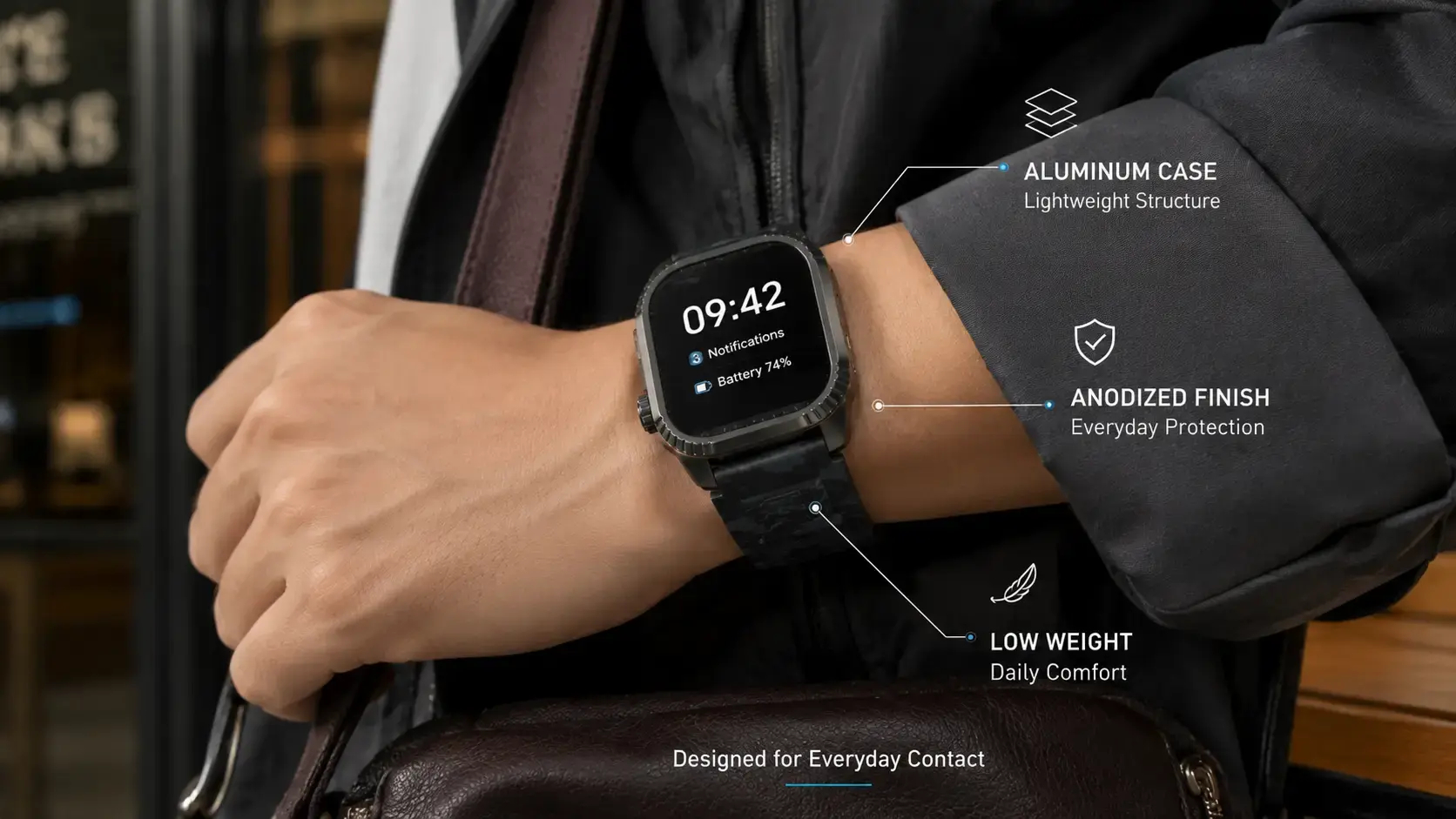 Close-up of an aluminum smartwatch case during everyday wear. Close-up of an aluminum smartwatch case during everyday wear.