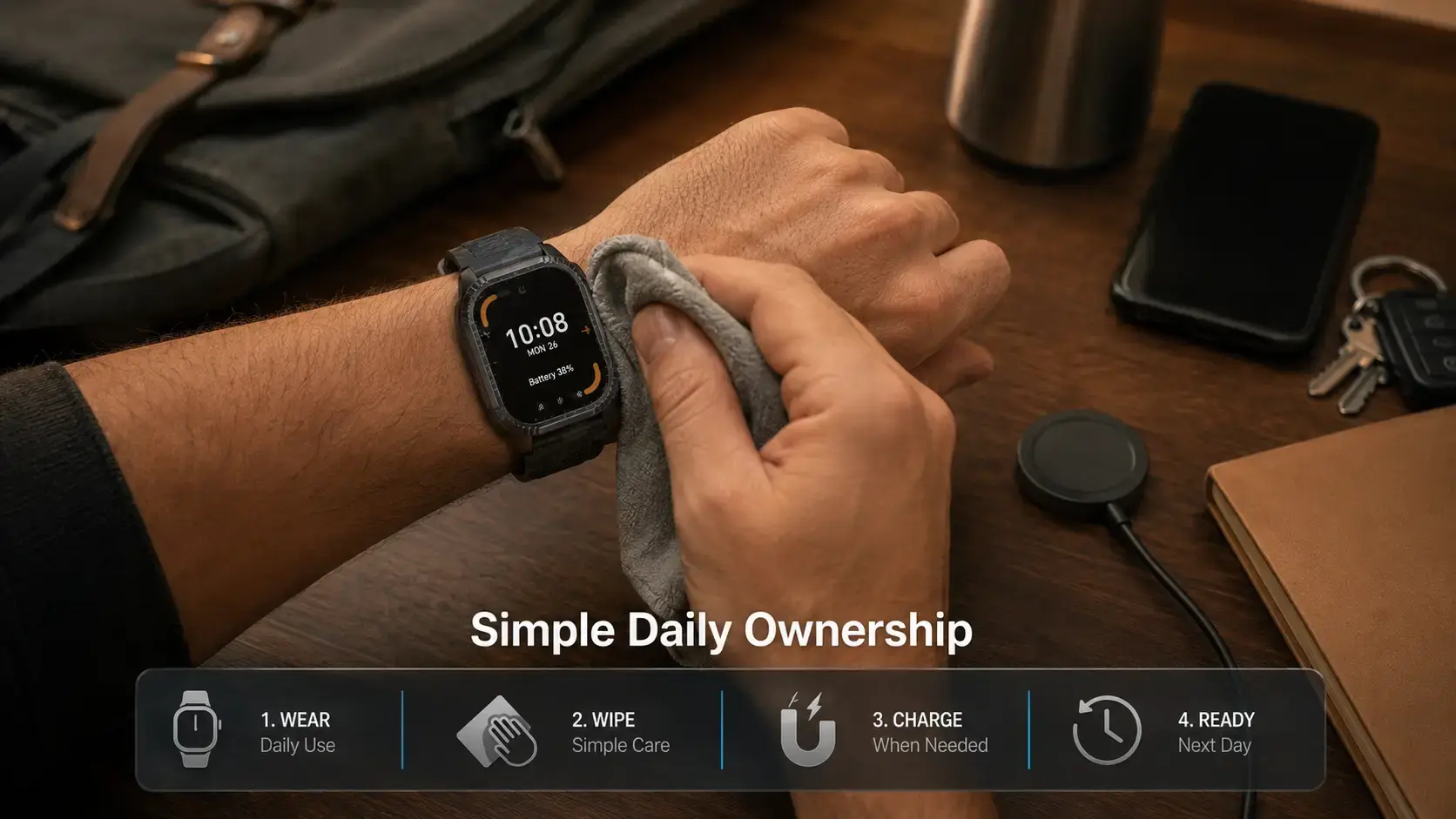 User cleaning an aluminum smartwatch after a normal day of wear. User cleaning an aluminum smartwatch after a normal day of wear.