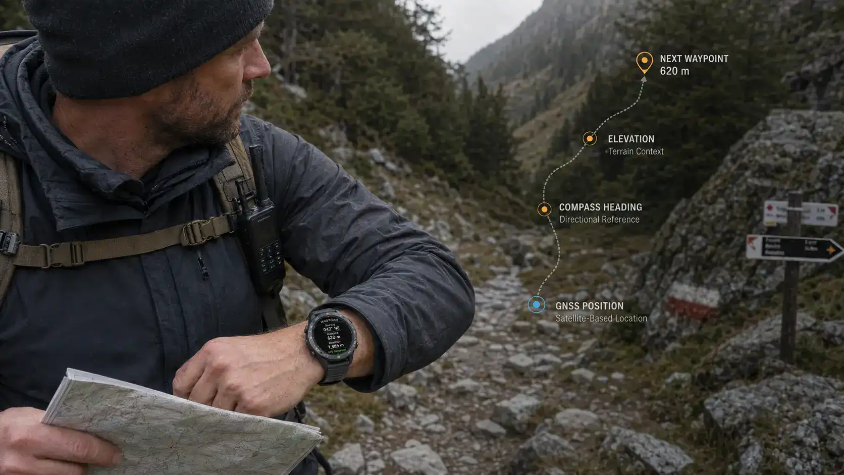 User checking GPS, compass and elevation data at a remote trail waypoint. User checking GPS, compass and elevation data at a remote trail waypoint.