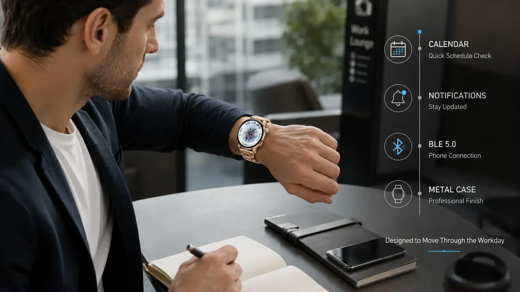 Close-up of a zinc-alloy smartwatch case and leather strap during professional daily wear. Close-up of a zinc-alloy smartwatch case and leather strap during professional daily wear.