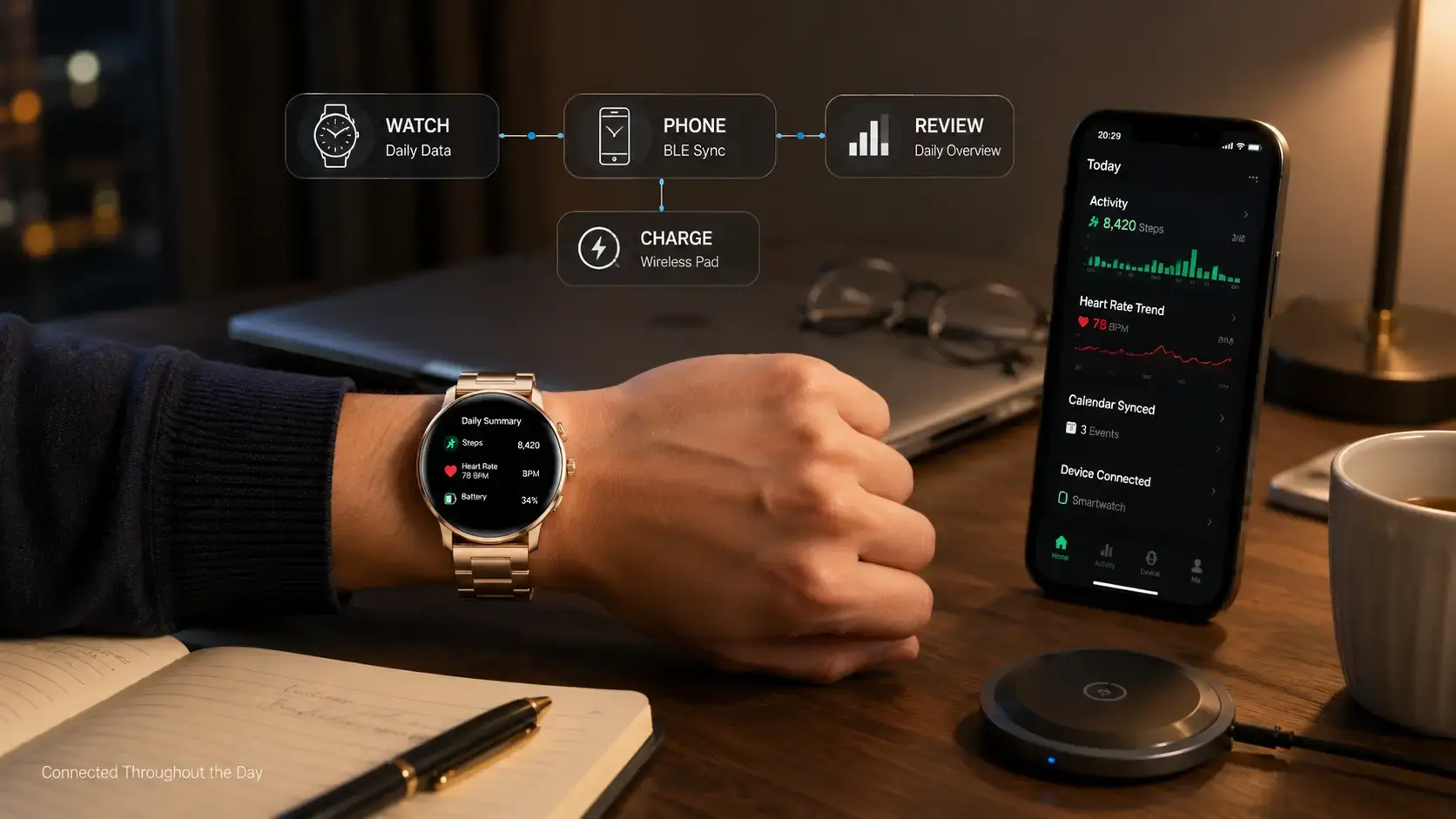 Professional reviewing daily smartwatch data with smartphone synchronization after work. Professional reviewing daily smartwatch data with smartphone synchronization after work.