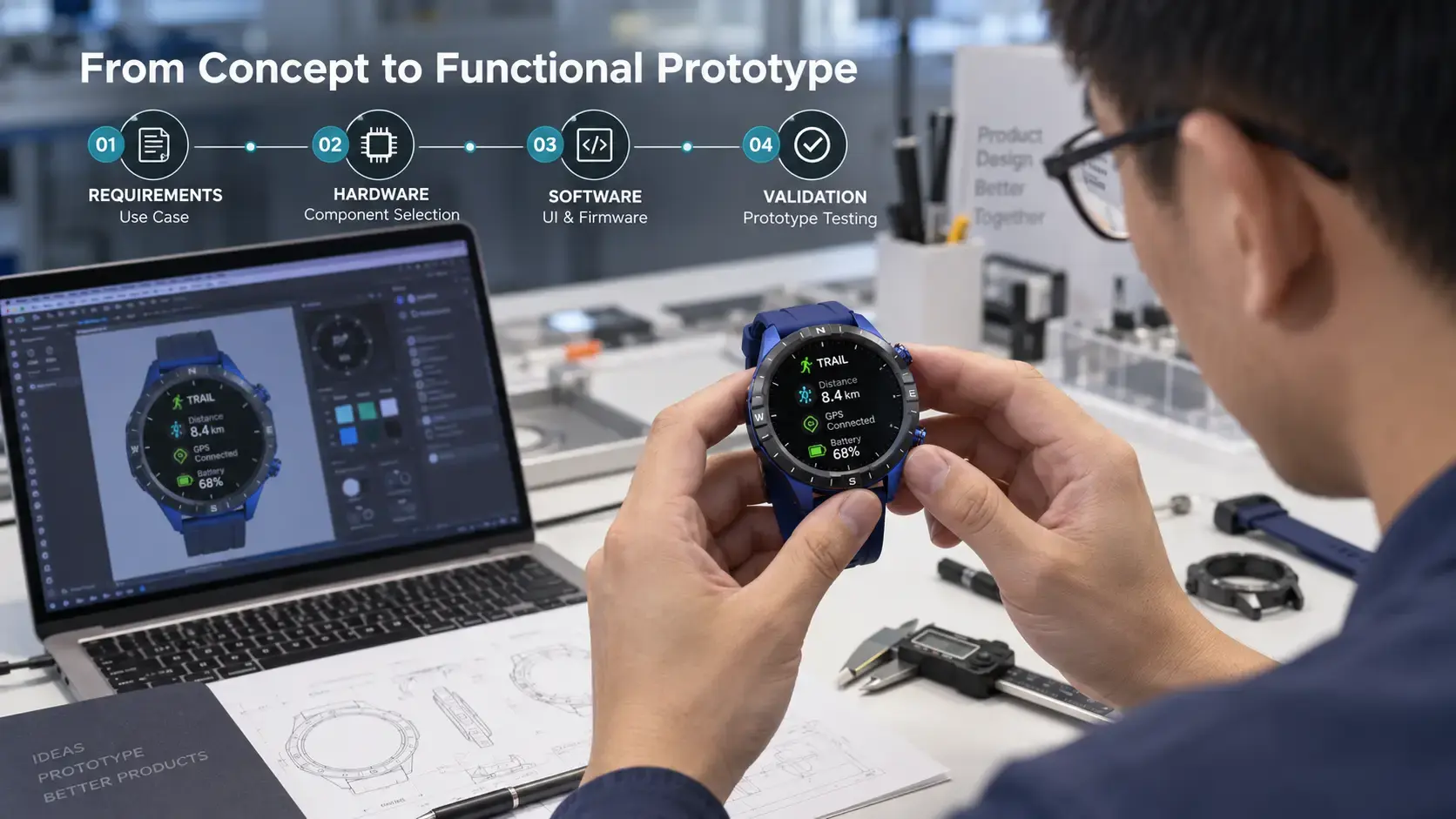 Engineer validating a custom GPS outdoor smartwatch prototype in a development studio.