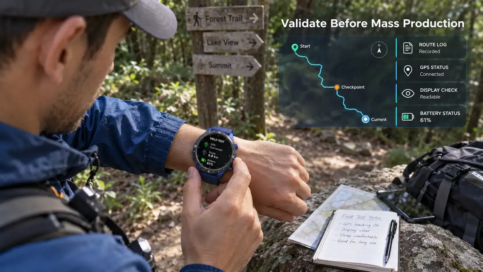 Field tester validating GPS route tracking on an outdoor smartwatch.