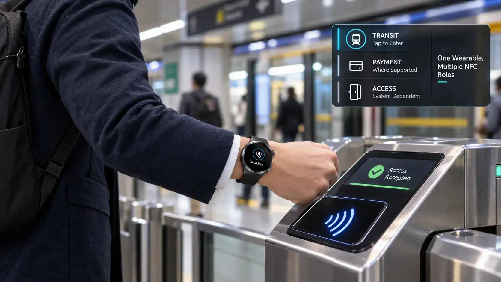 Close-up of an NFC smartwatch communicating with a payment terminal. Close-up of an NFC smartwatch communicating with a payment terminal.