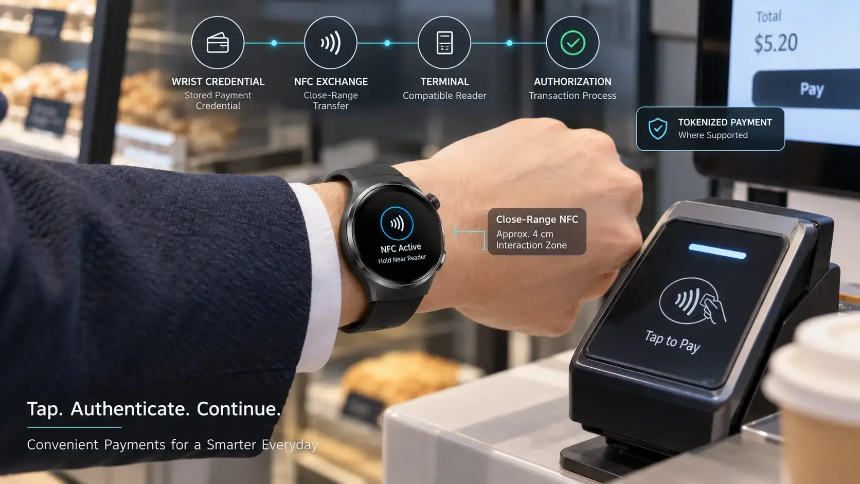 Close-up of an NFC smartwatch communicating with a payment terminal.