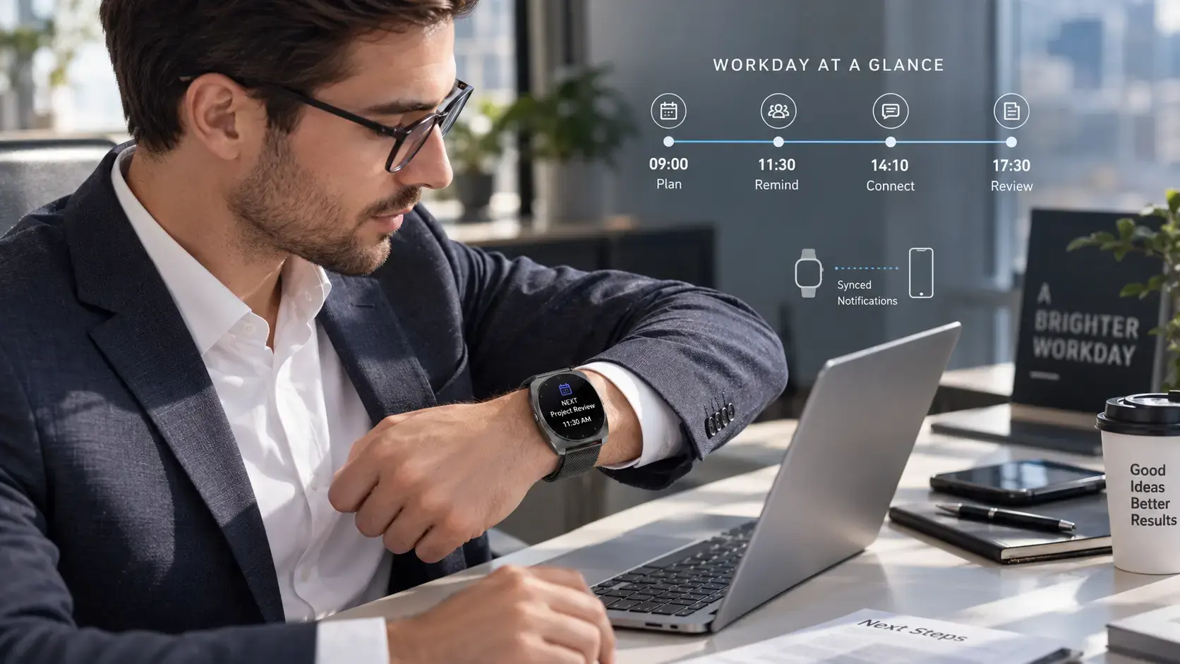 Professional checking a business smartwatch during a normal workday.