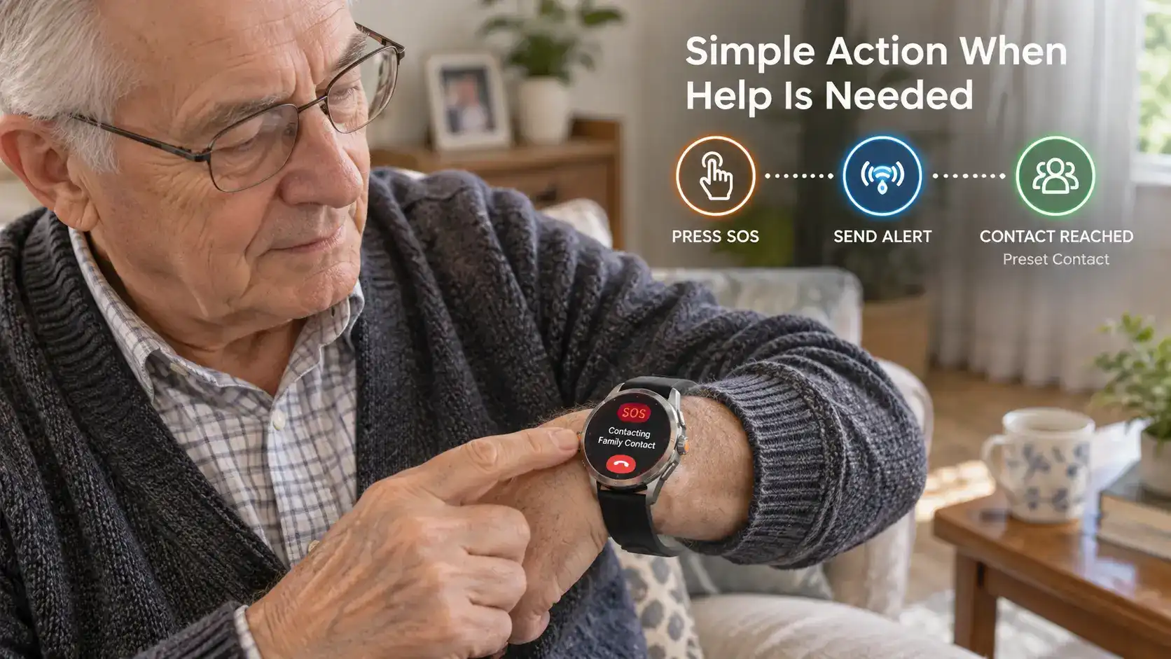 Senior pressing the SOS button on a voice call safety watch. Senior pressing the SOS button on a voice call safety watch.