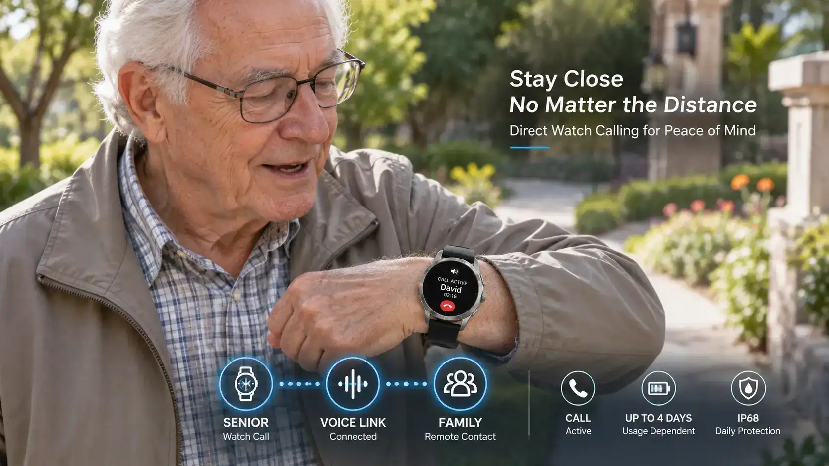 Senior making a remote voice call from a safety smartwatch outdoors. Senior making a remote voice call from a safety smartwatch outdoors.