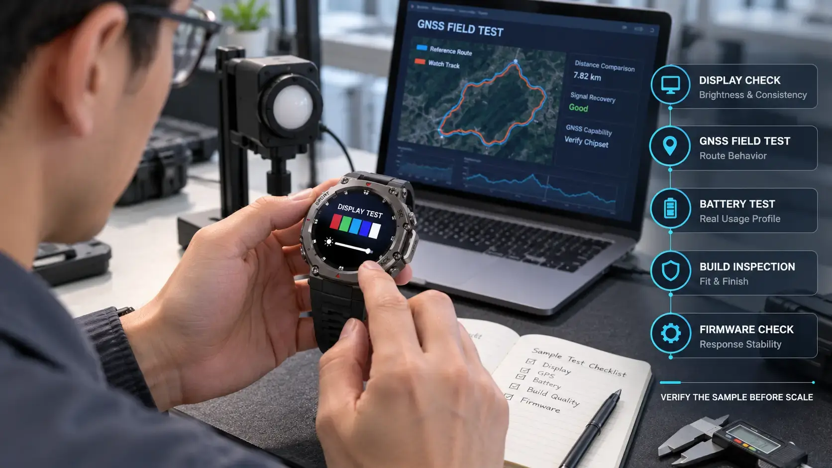 Engineer testing an AMOLED smartwatch sample before manufacturer selection.