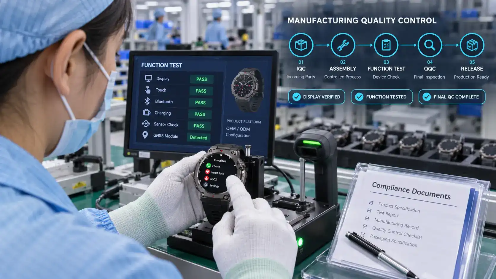 Technician performing final quality control on an AMOLED smartwatch.