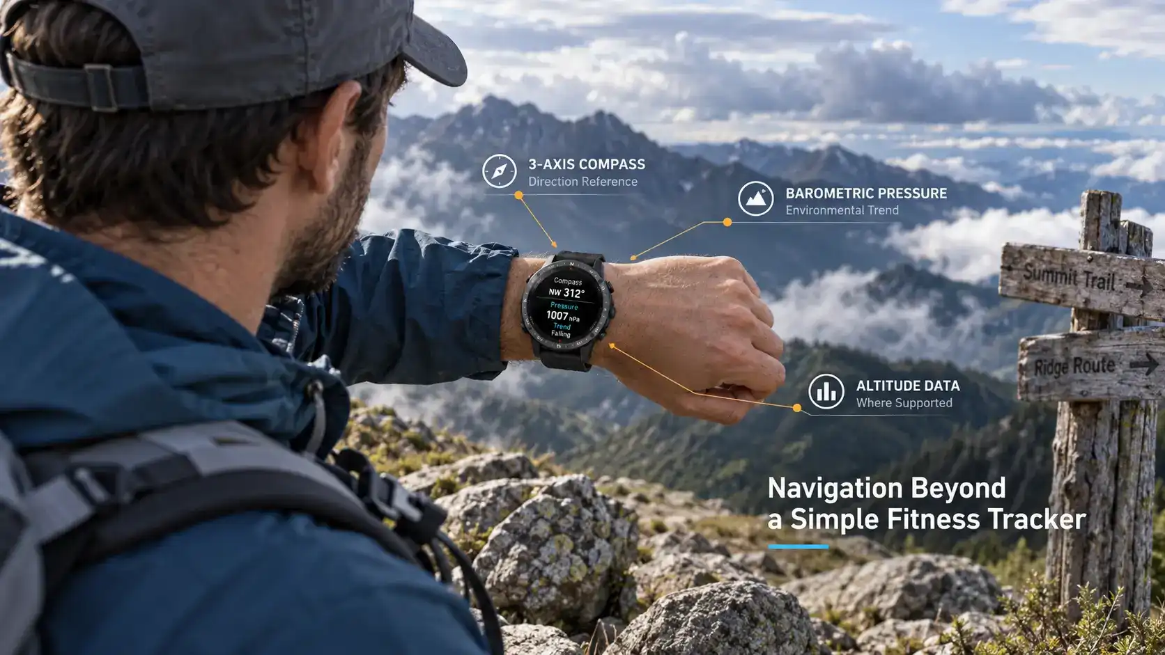 Hiker reviewing compass and pressure data on a rugged smartwatch.