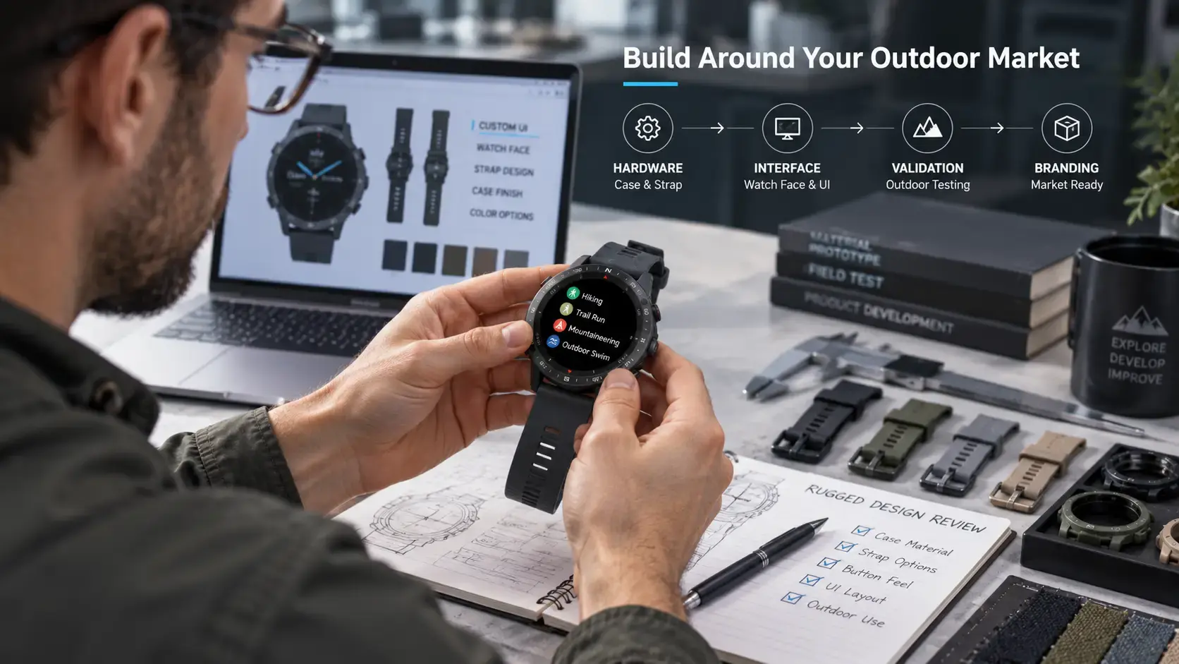Engineer evaluating a custom rugged GPS smartwatch prototype for branding.