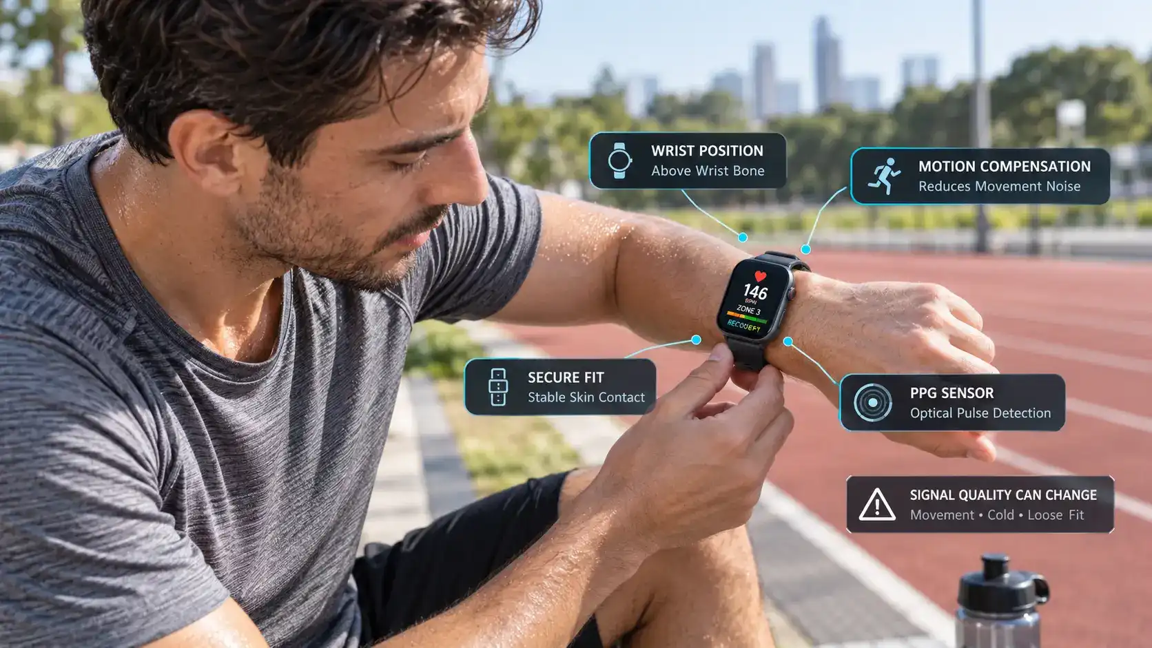 Runner adjusting smartwatch fit for reliable optical heart rate monitoring. Runner adjusting smartwatch fit for reliable optical heart rate monitoring.