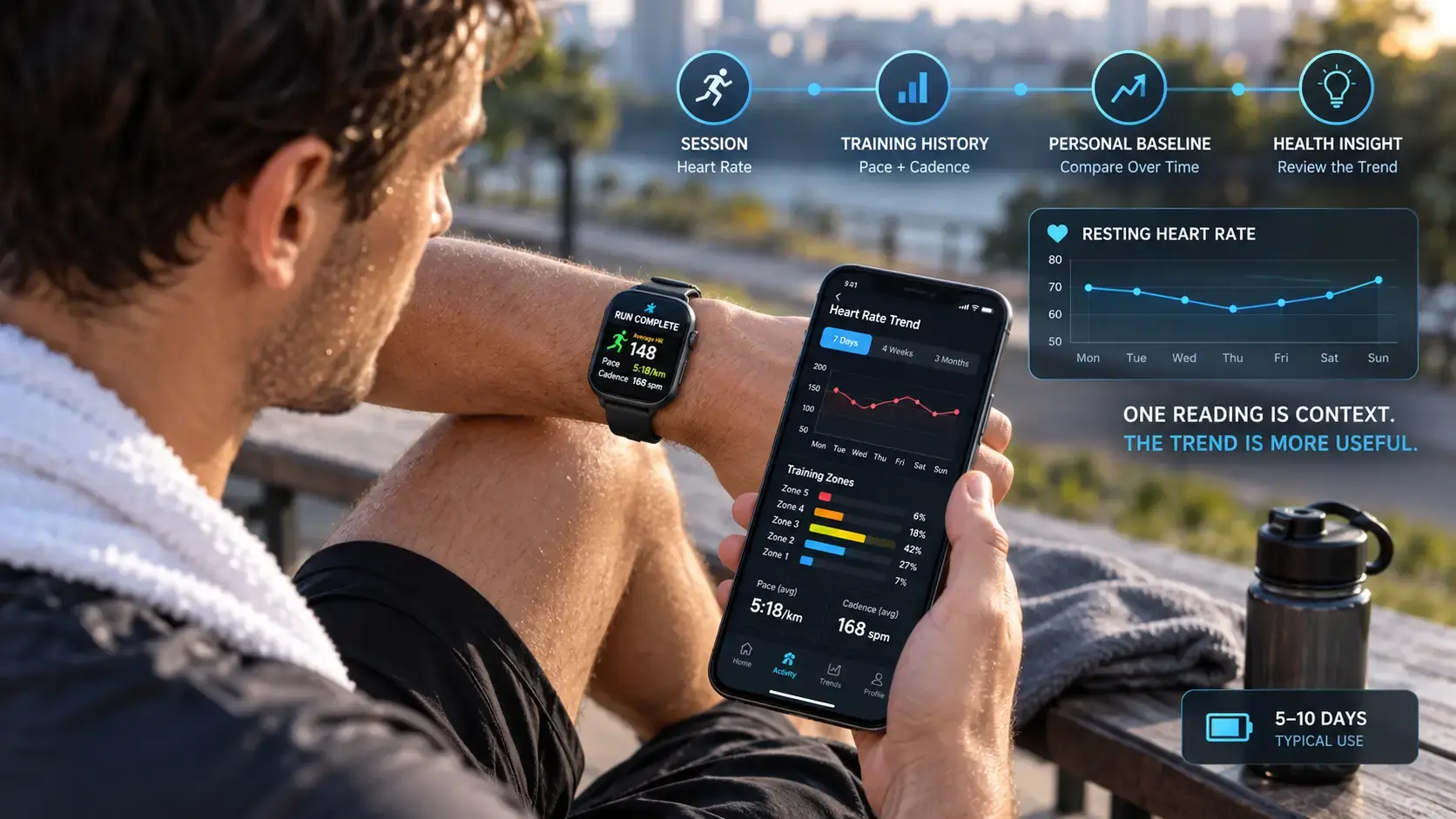 Athlete reviewing heart rate and training trends after a workout.