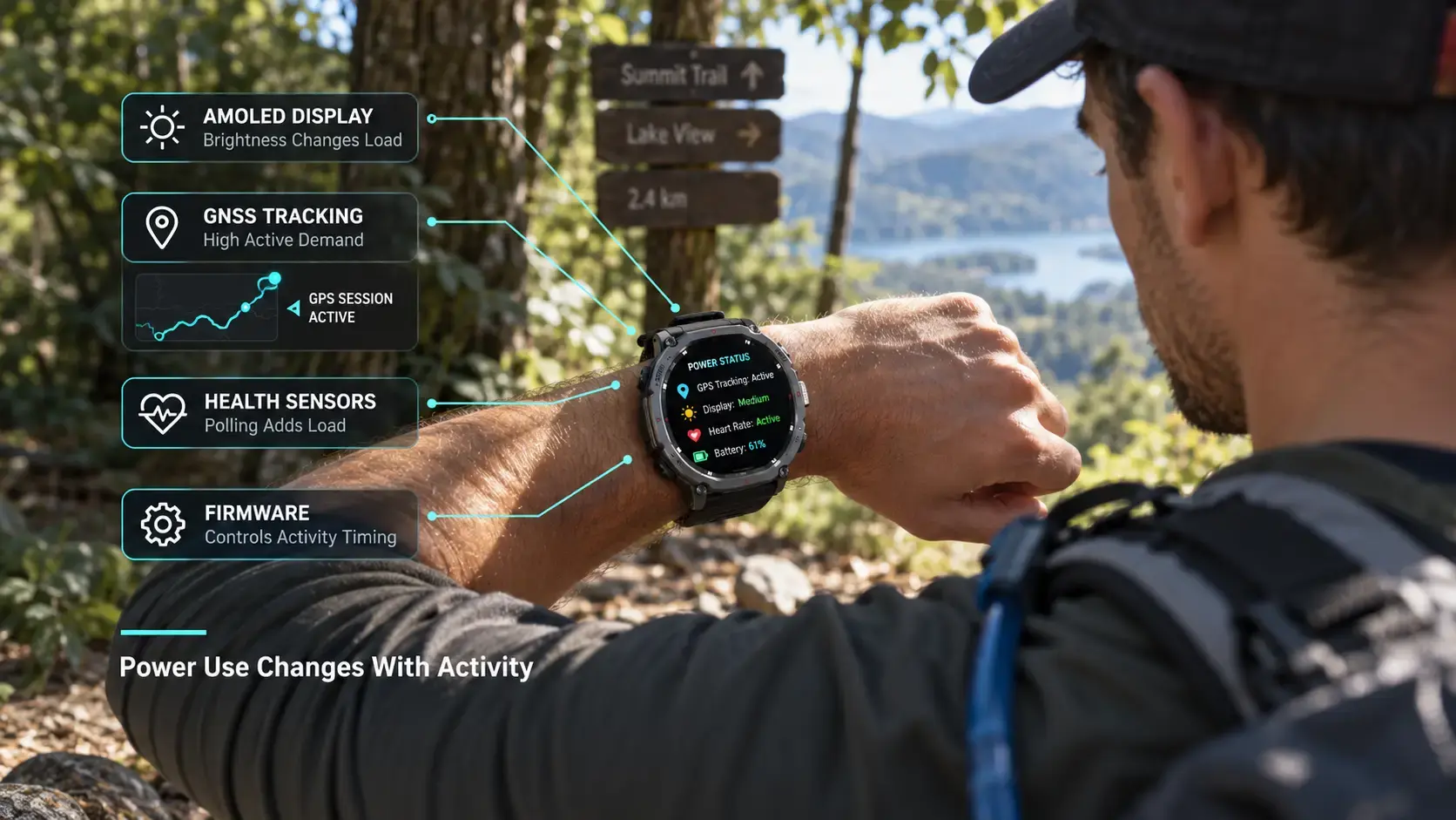 Outdoor smartwatch showing how display, GPS and sensors affect battery use.