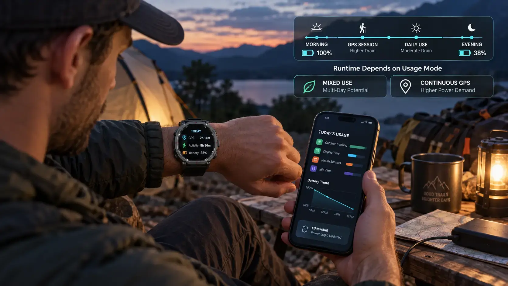 Hiker reviewing smartwatch GPS usage and remaining battery after an outdoor day. Hiker reviewing smartwatch GPS usage and remaining battery after an outdoor day.
