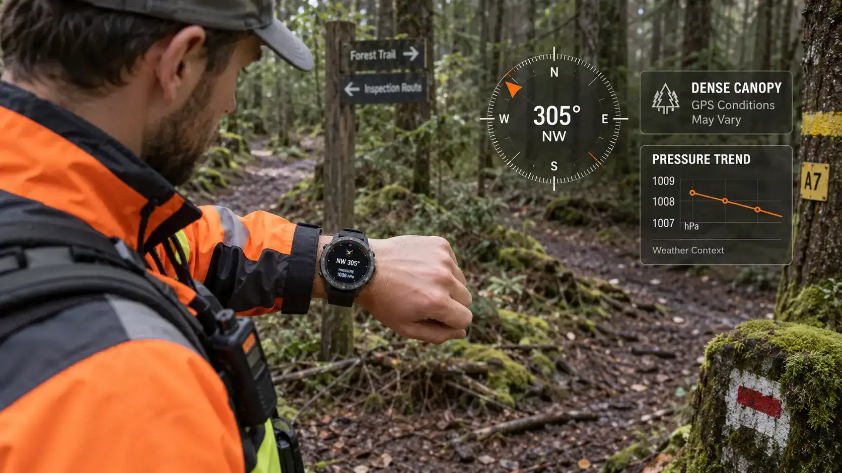 Field worker checking compass and pressure trends under dense forest canopy. Field worker checking compass and pressure trends under dense forest canopy.