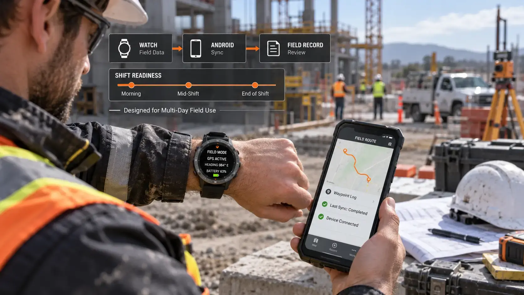 Construction supervisor reviewing GPS field data on a rugged smartwatch.