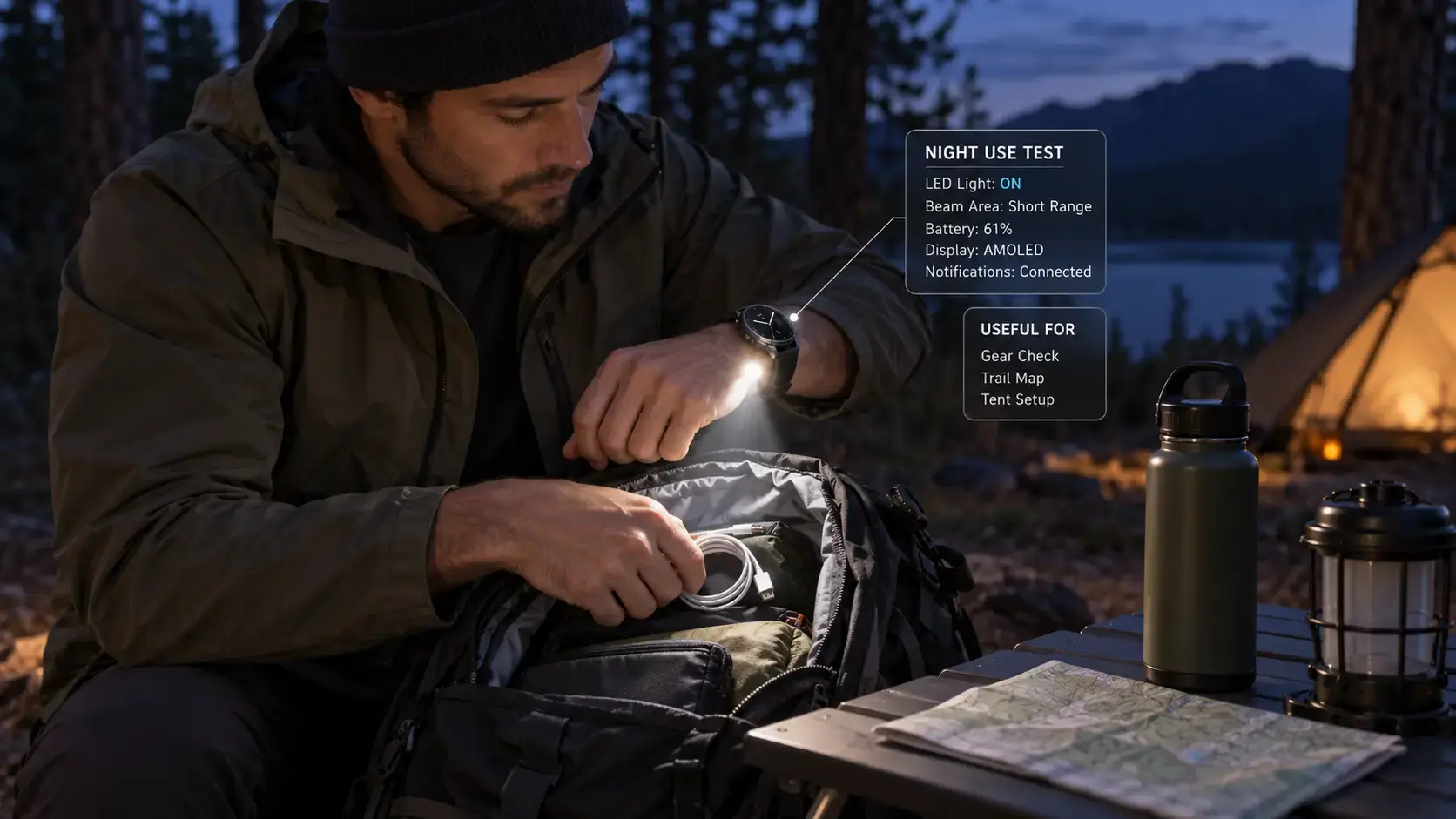Smartwatch LED flashlight used at campsite